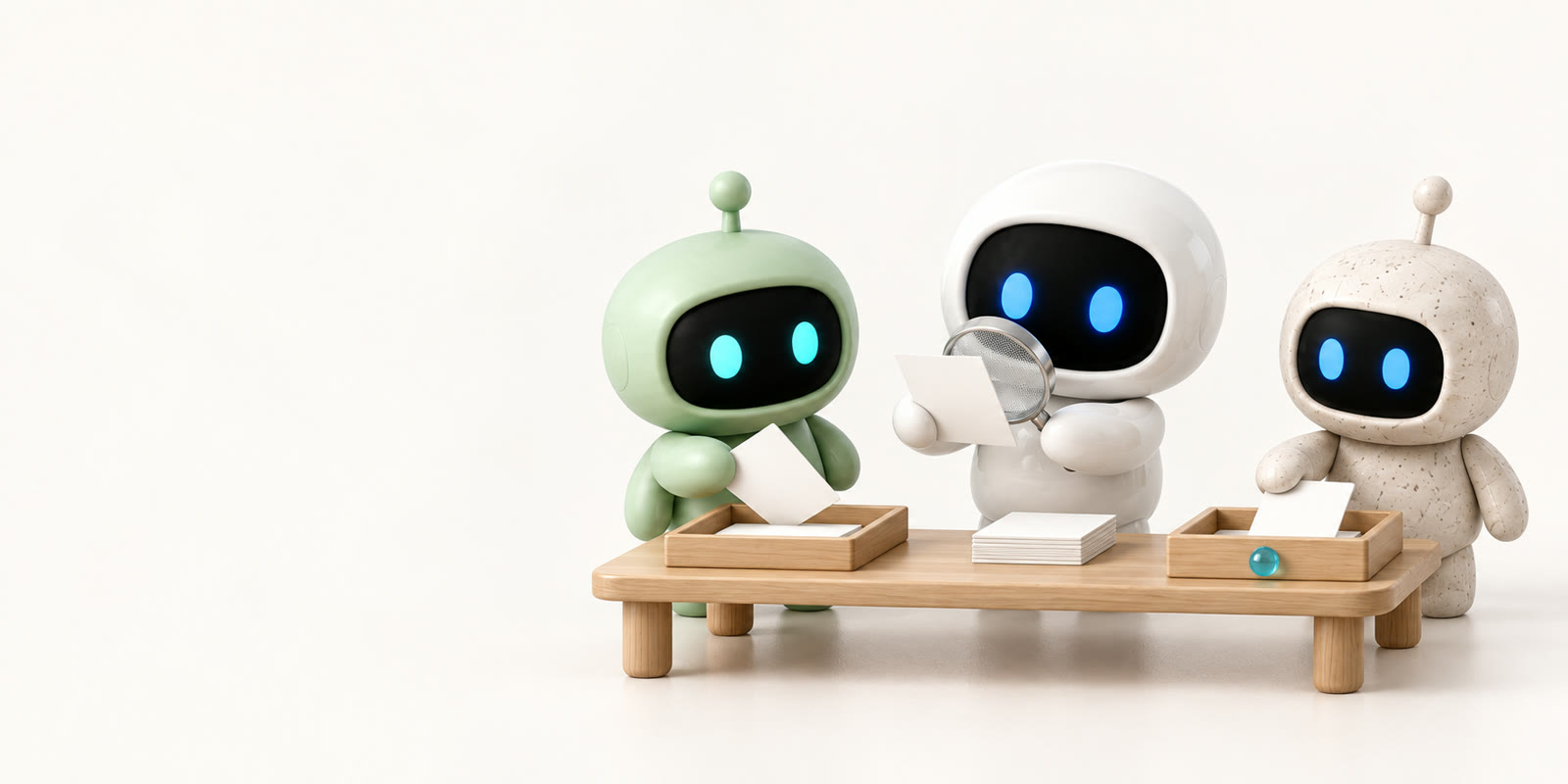Drei Needs-Agenten sortieren leere Karten auf einem Holztisch in zwei Schalen, eine Karte legt der Stein-Roboter getrennt in eine dritte Schale.