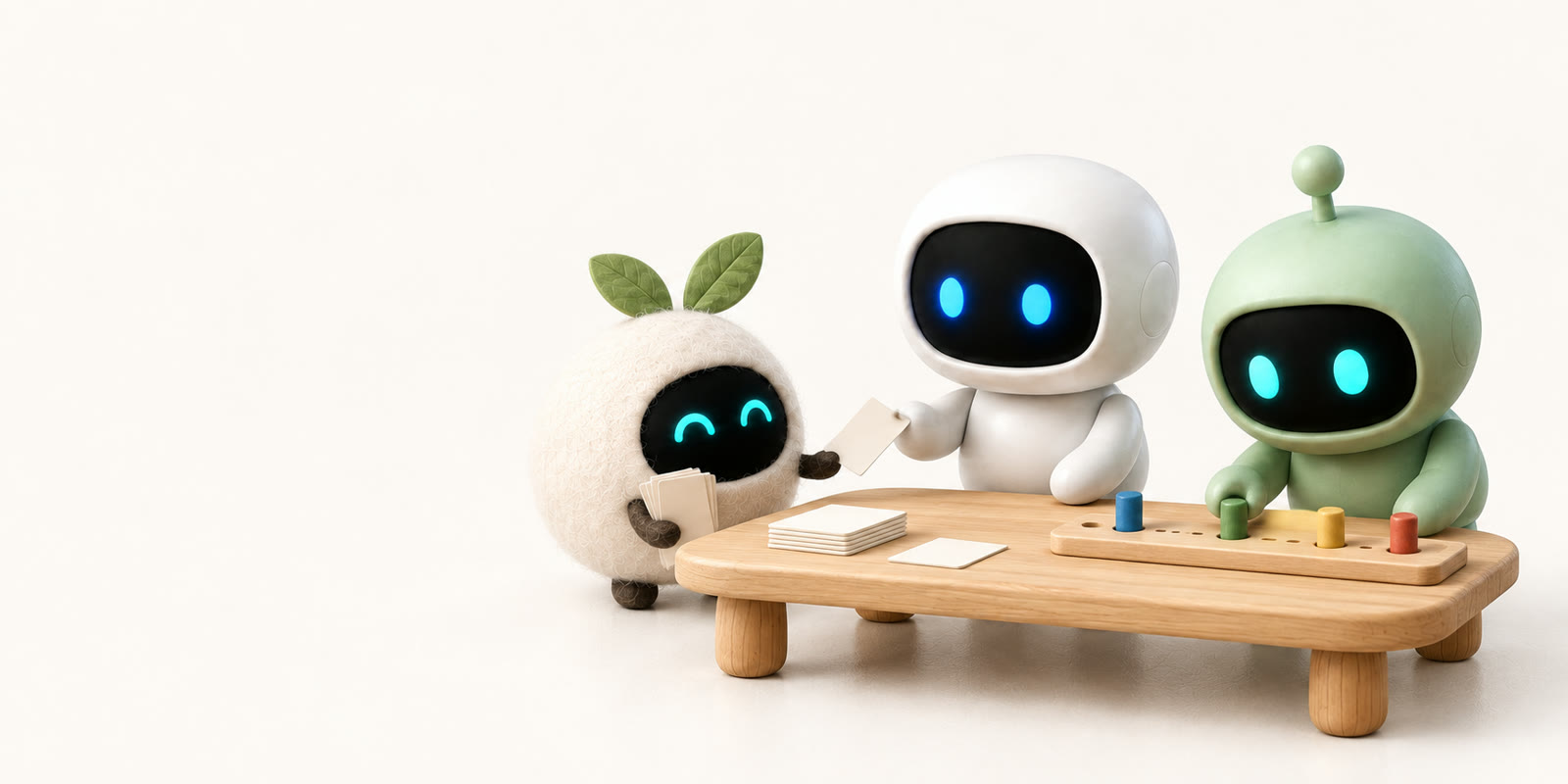 Drei Needs-Agenten geben an einem Holztisch Aufgabenkarten weiter, der grüne Roboter verschiebt einen Stift auf einer Zeitleiste.