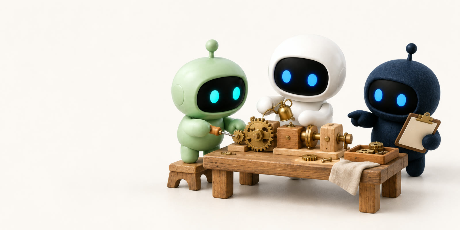 Ein salbeigrüner Antennenroboter und ein weißer Keramik-Astronaut warten an einer Werkbank ein Zahnradgetriebe, ein marineblauer Filzroboter hält eine Checkliste und zeigt auf die Zahnräder.