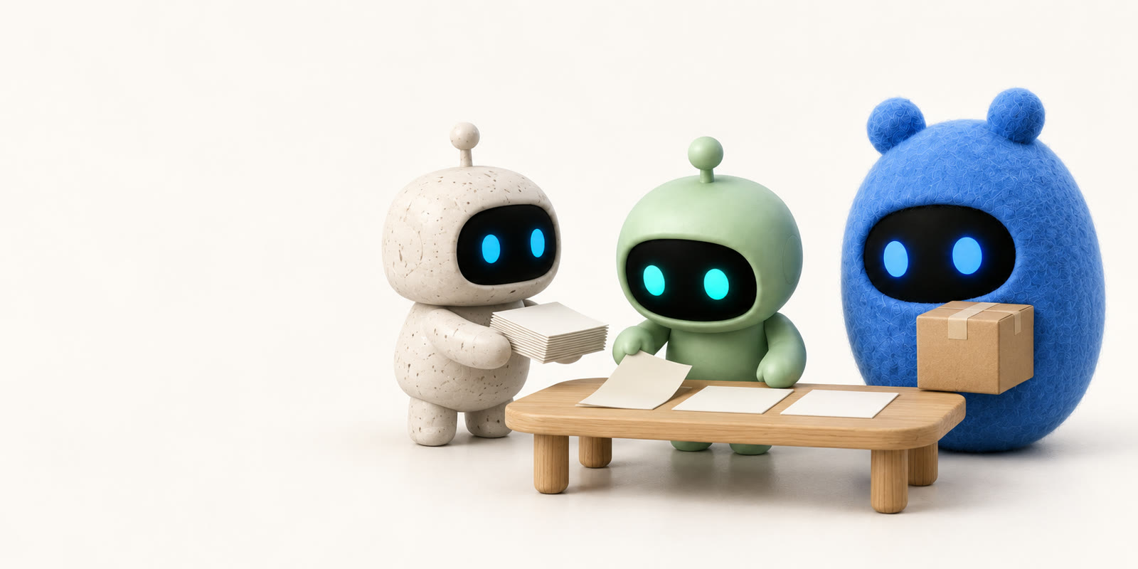 Ein gesprenkelter Steinroboter mit Antenne reicht einem salbeigrünen Antennenroboter leere Blätter, die dieser auf einem Holztisch nebeneinanderlegt. Daneben hält ein blaues Filz-Ei mit Bärenohren ein kleines Paket.