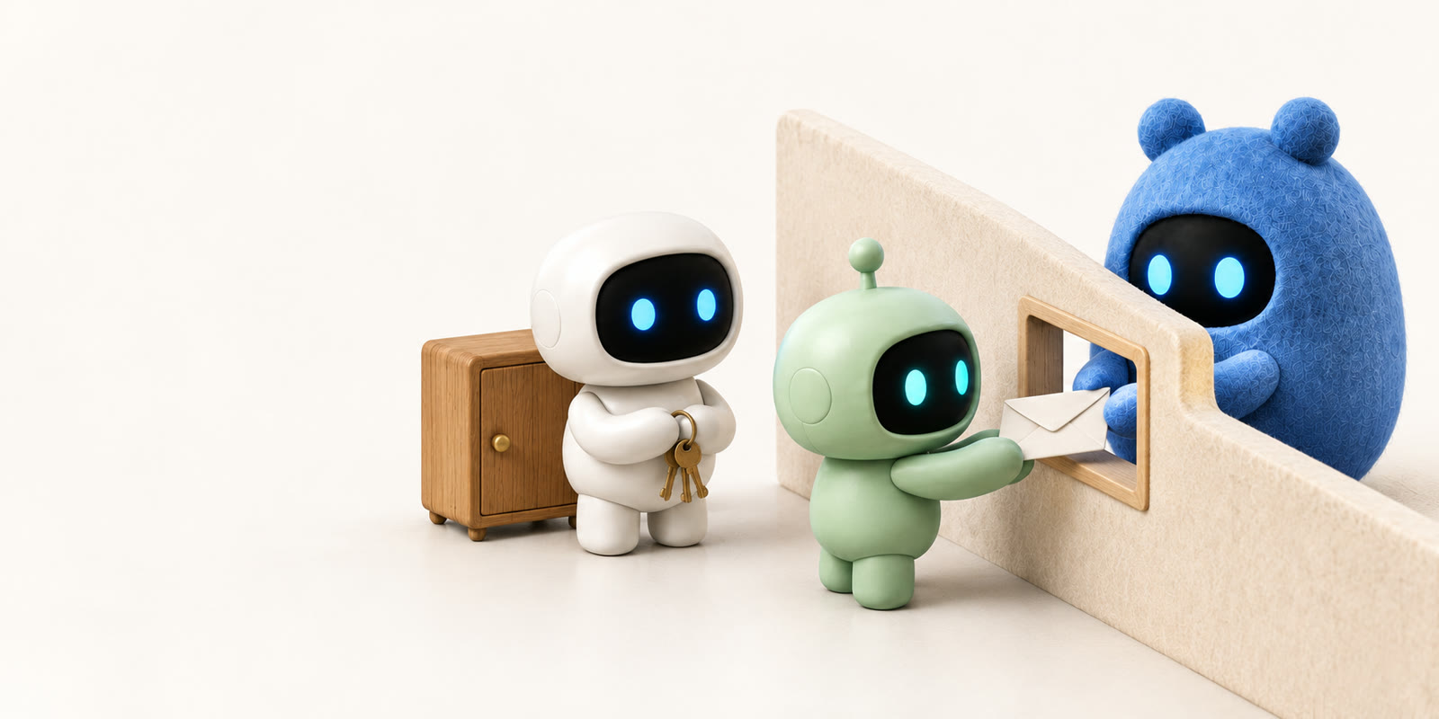 Ein grüner Antennenroboter reicht einen Umschlag durch eine Klappe in einer niedrigen Filzwand an ein blaues Filz-Ei mit Bärenohren. Dahinter hält ein weißer Keramik-Astronaut neben einem Holzschrank einen Schlüsselbund bei sich.