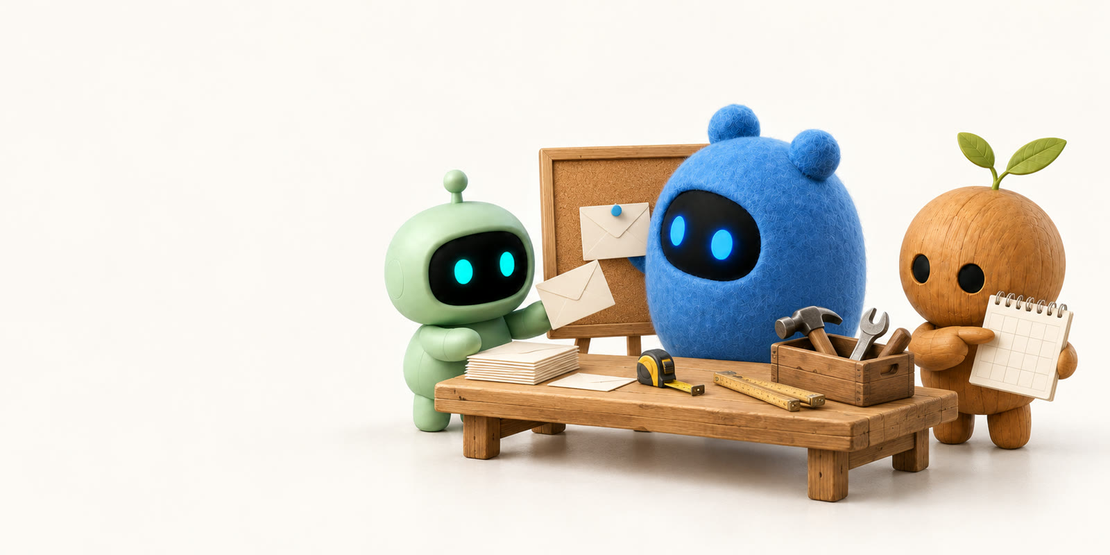 Ein grüner Antennenroboter, ein blaues Filz-Ei mit Bärenohren und eine Holzfigur mit Spross sortieren an einer Werkbank Briefumschläge und einen Kalender, daneben liegen Werkzeuge.