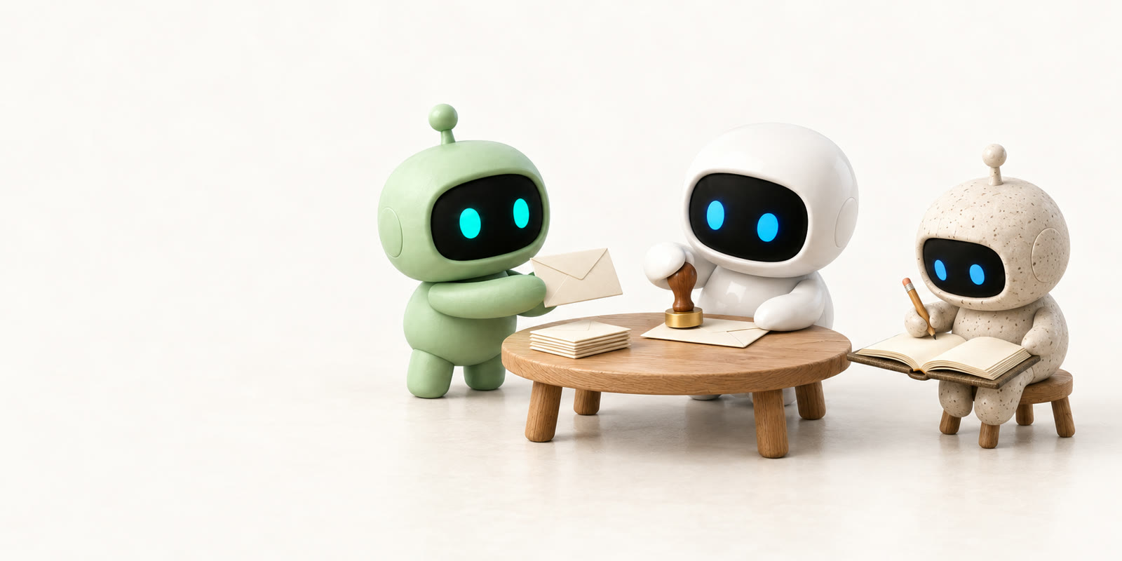 Ein salbeigrüner Antennenroboter reicht einem weißen Keramik-Astronauten einen Umschlag, der gerade einen anderen Umschlag abstempelt, während ein Antennenroboter aus gesprenkeltem Stein alles in ein Buch schreibt.