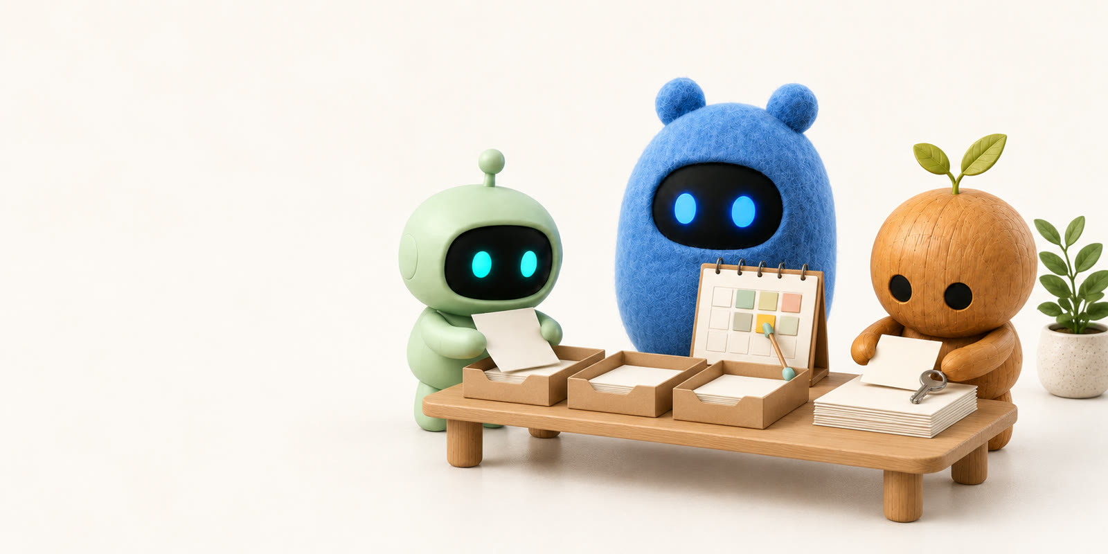 Eine grüne Roboterfigur, ein blaues Filz-Ei mit Bärenohren und eine Holzfigur mit Spross ordnen an einem Holztisch Papiere in Mappen und halten einen Kalender, eine Karte und einen Schlüssel bereit.