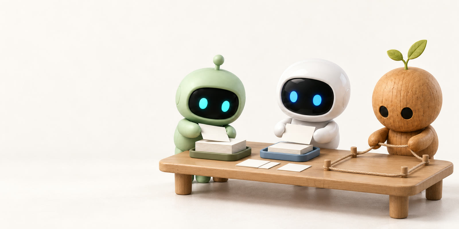 Ein salbeigrüner Antennenroboter, ein weißer Keramik-Astronaut und eine Holzfigur mit Spross sortieren leere Karten an einem niedrigen Holztisch. Die Holzfigur legt mit einer Schnur eine Grenze auf der Tischplatte.