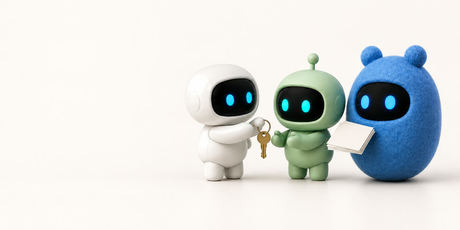 Ein weißer Keramik-Astronaut überreicht einem salbeigrünen Roboter mit Antenne einen kleinen Messingschlüssel, daneben hält ein blaues Filz-Ei mit Bärenohren einen Stapel leerer Karten bereit.