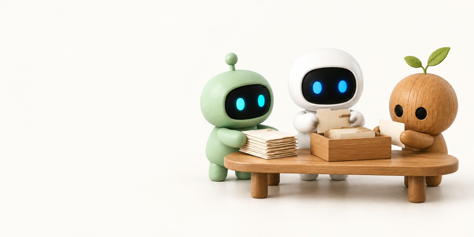 Ein salbeigrüner Antennenroboter, ein weißer Keramik-Astronaut und eine Holzfigur mit Spross ordnen gemeinsam leere Mappen und Karteikarten in einen hölzernen Karteikasten.