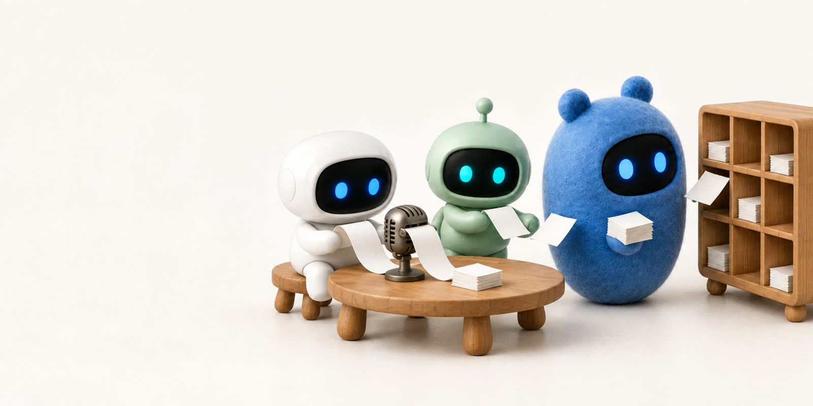 Ein Keramik-Astronaut zieht an einem kleinen Tischmikrofon einen Papierstreifen heraus. Ein salbeigrüner Roboter reißt ihn in Zettel, und ein blaues Filz-Ei mit Bärenohren sortiert sie in ein hölzernes Fächerregal.