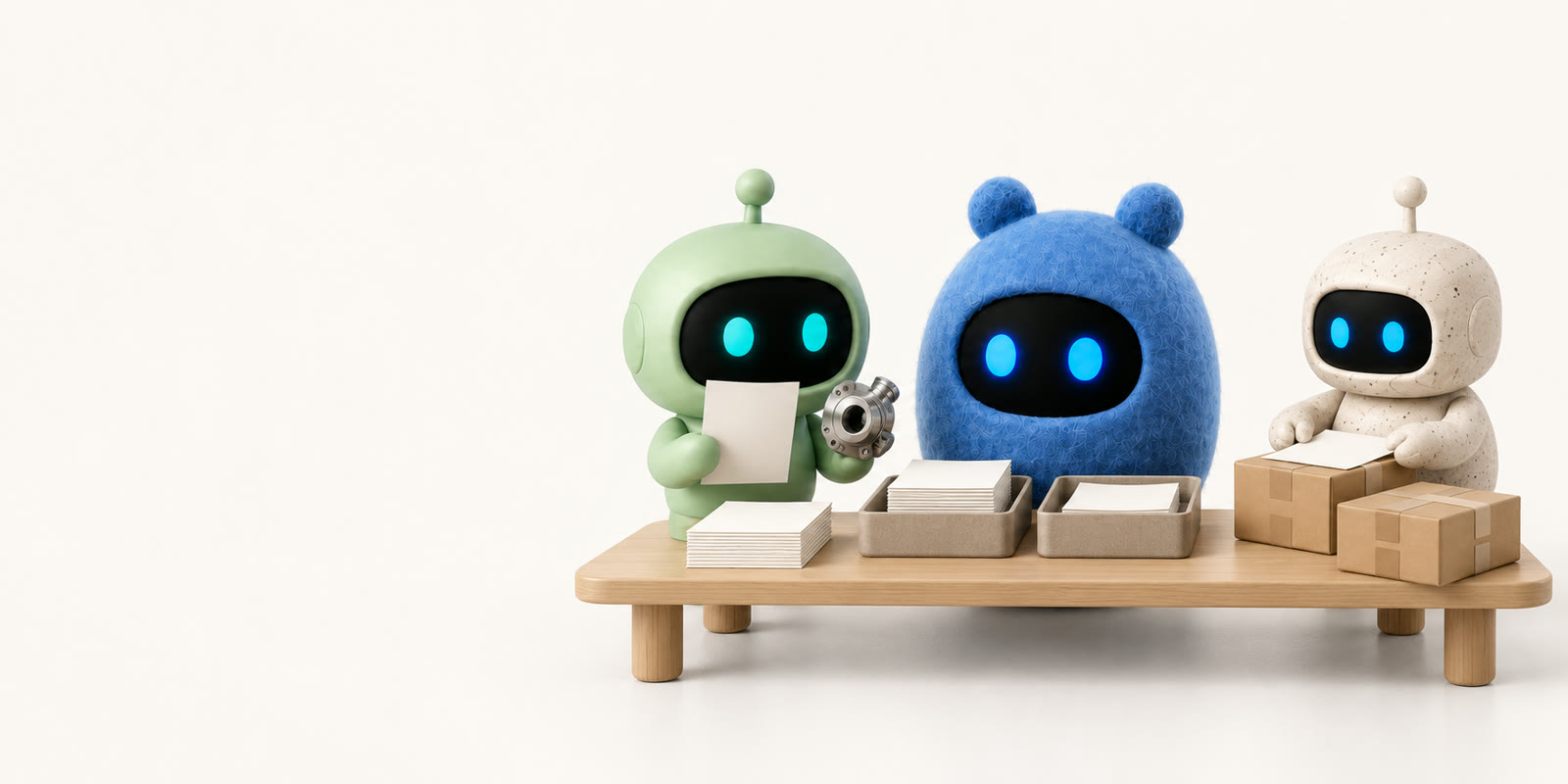 Drei Figuren an einem Holztisch: Ein salbeigrüner Roboter vergleicht ein Blatt mit einem Metallteil, ein blaues Filz-Ei sortiert Blätter in Ablagen, ein Steinroboter legt Papiere auf ein Paket.