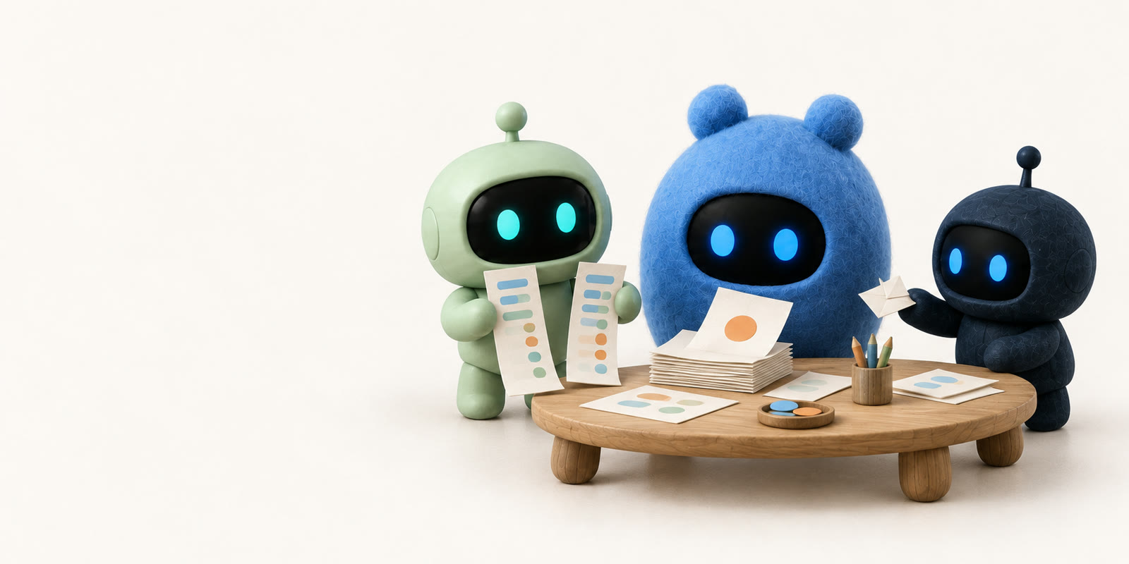 Drei Figuren an einem Holztisch: Ein salbeigrüner Roboter vergleicht zwei Papierstreifen, ein blaues Filz-Ei mit Bärenohren zieht ein Blatt mit orangefarbenem Punkt aus einem Stapel, ein marineblauer Filzroboter reicht einen gefalteten Zettel weiter.