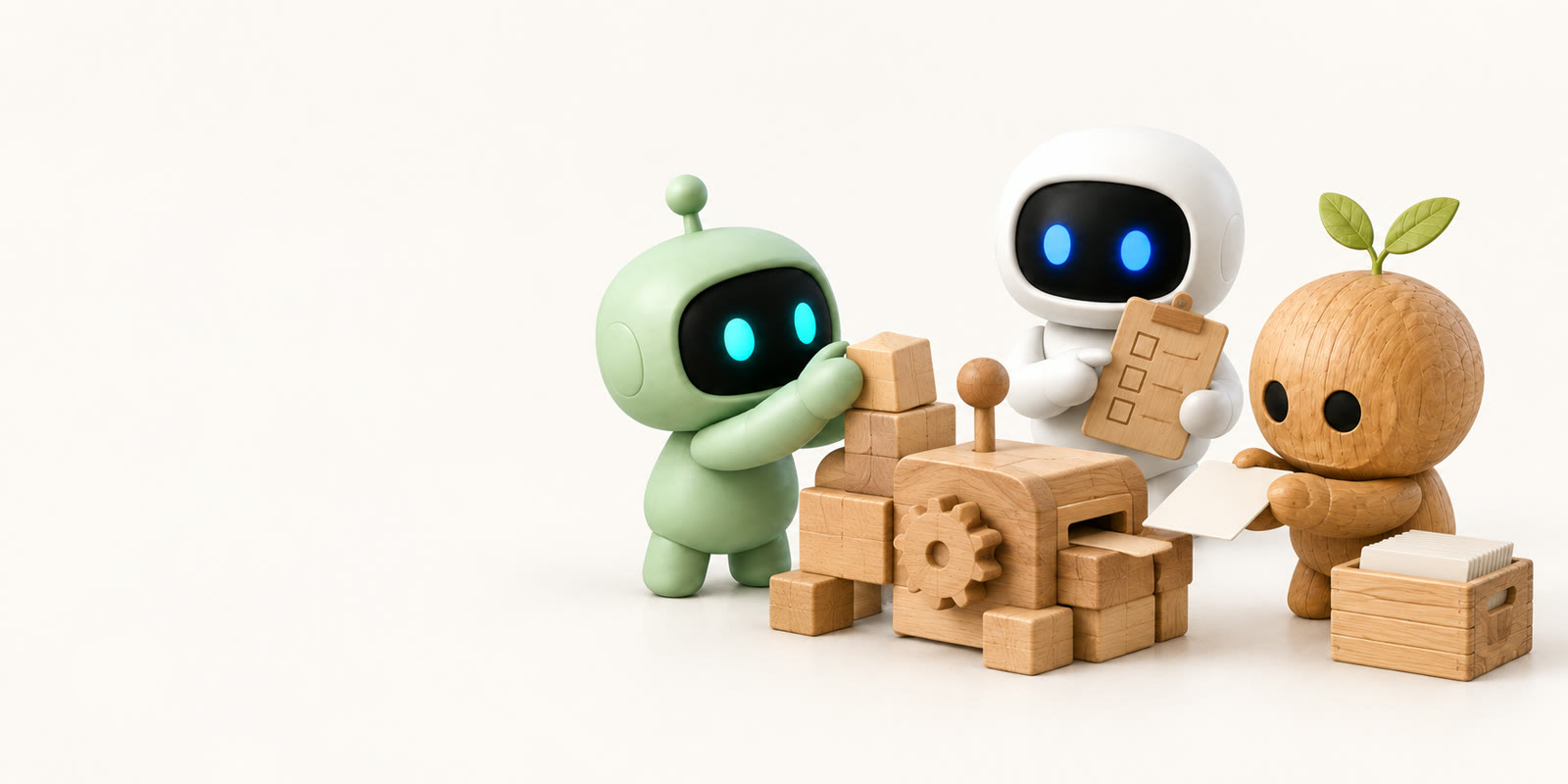 Ein salbeigrüner Antennenroboter, ein weißer Keramik-Astronaut und eine Holzfigur mit Spross bauen eine kleine Maschine aus Holzklötzen und testen sie mit Papierkarten aus einer Kiste.