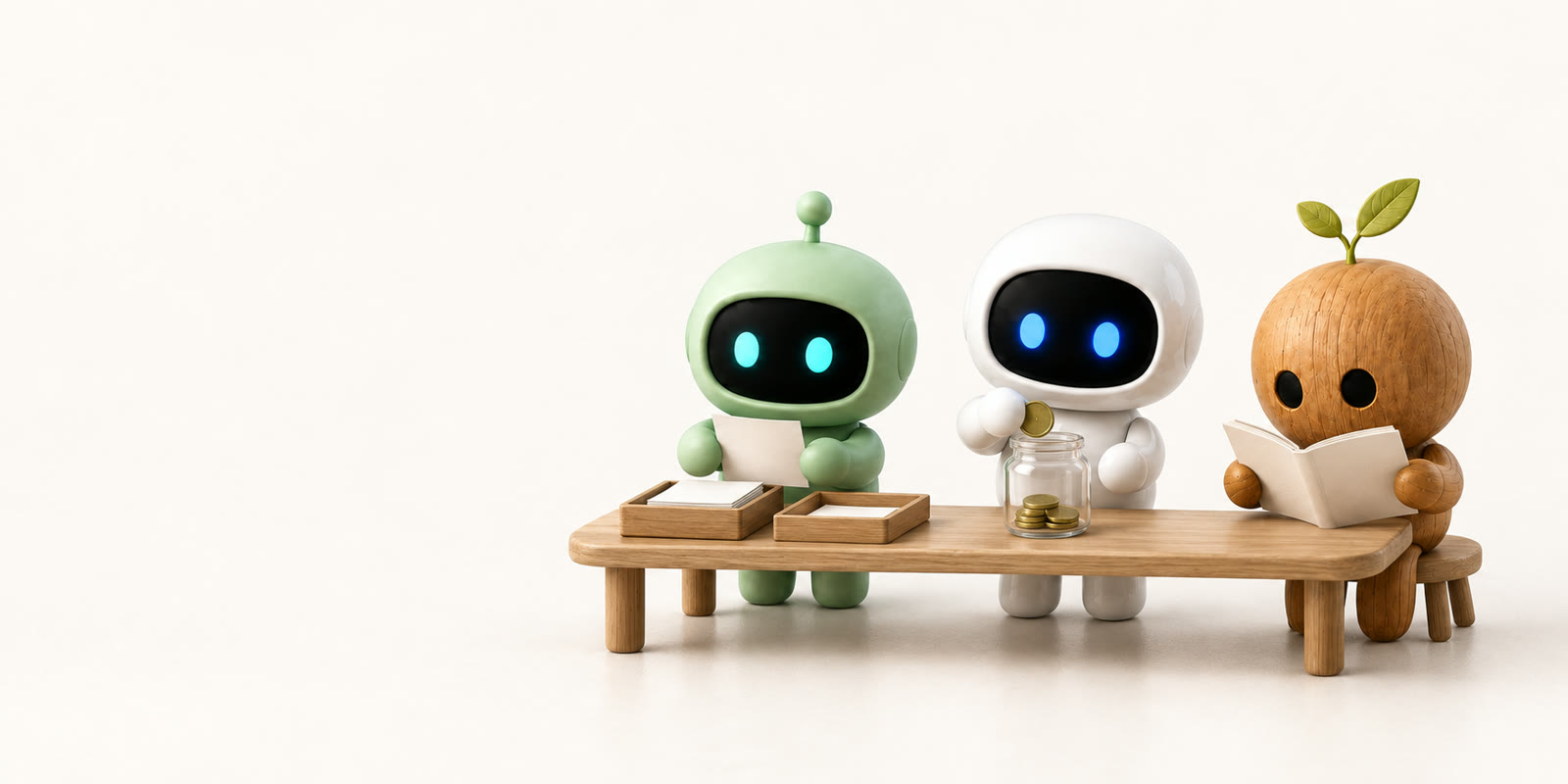 Ein salbeigrüner Antennenroboter sortiert leere Formulare in zwei Holzablagen, ein weißer Keramik-Astronaut legt Münzen in ein Glas, und eine Holzfigur mit Spross liest in einem aufgeschlagenen Heft.