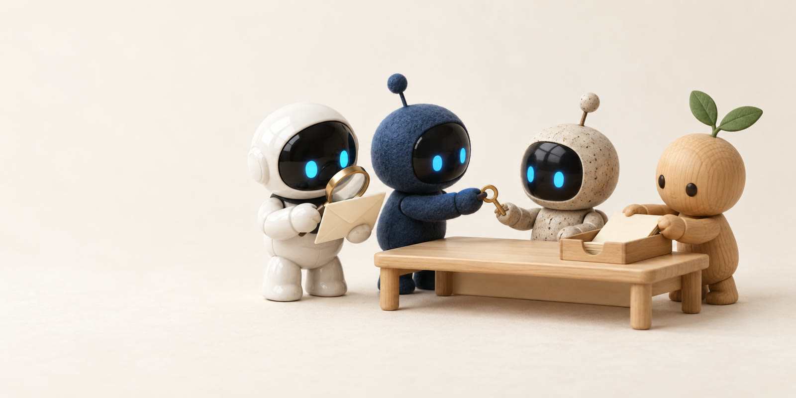 Vier Needs-Figuren richten einen Arbeitsplatz ein: Ein Steinroboter sitzt am Pult, ein Filzroboter übergibt einen Schlüssel, eine Holzfigur ordnet Karten und ein Keramik-Astronaut prüft einen Umschlag.