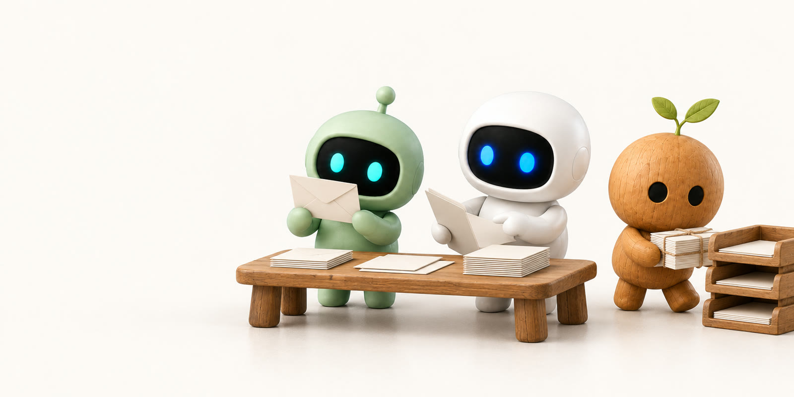 Drei kleine Figuren an einem Holztisch: Ein salbeigrüner Roboter mit Antenne prüft einen Briefumschlag, ein weißer Keramik-Astronaut zeigt in eine offene Mappe, und eine Holzfigur mit Spross trägt ein Papierbündel zu drei Ablagekästen.
