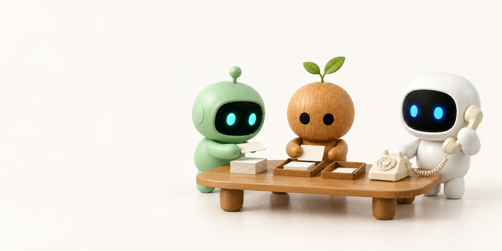 Ein grüner Antennenroboter und eine Holzfigur sortieren Karteikarten an einem Holztisch, daneben hält ein weißer Keramik-Astronaut einen Telefonhörer bereit.