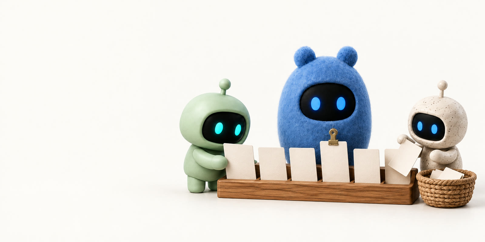 Ein salbeigrüner Antennenroboter steckt eine neue Karte in eine Reihe aufrecht stehender Papierkarten, ein blaues Filz-Ei mit Bärenohren klammert eine Karte fest, und ein gesprenkelter Steinroboter legt eine abgenutzte Karte in einen Korb.