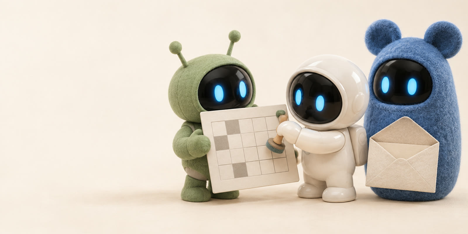 Ein grüner Antennenroboter hält einen Papierkalender, ein weißer Keramik-Astronaut stempelt ein freies Feld, und ein blaues Filz-Ei mit Bärenohren hält einen Umschlag bereit.