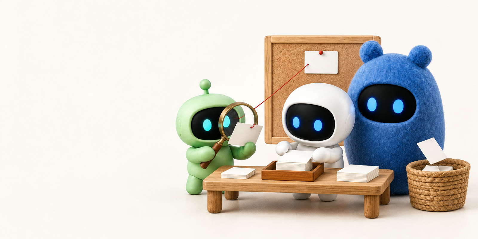 Drei Figuren sortieren an einem Holztisch leere Karteikarten: Ein salbeigrüner Roboter prüft eine Karte mit der Lupe, ein Keramik-Astronaut legt eine Karte auf einen Stapel, ein blaues Filz-Ei mit Bärenohren wirft eine Karte in einen Korb.