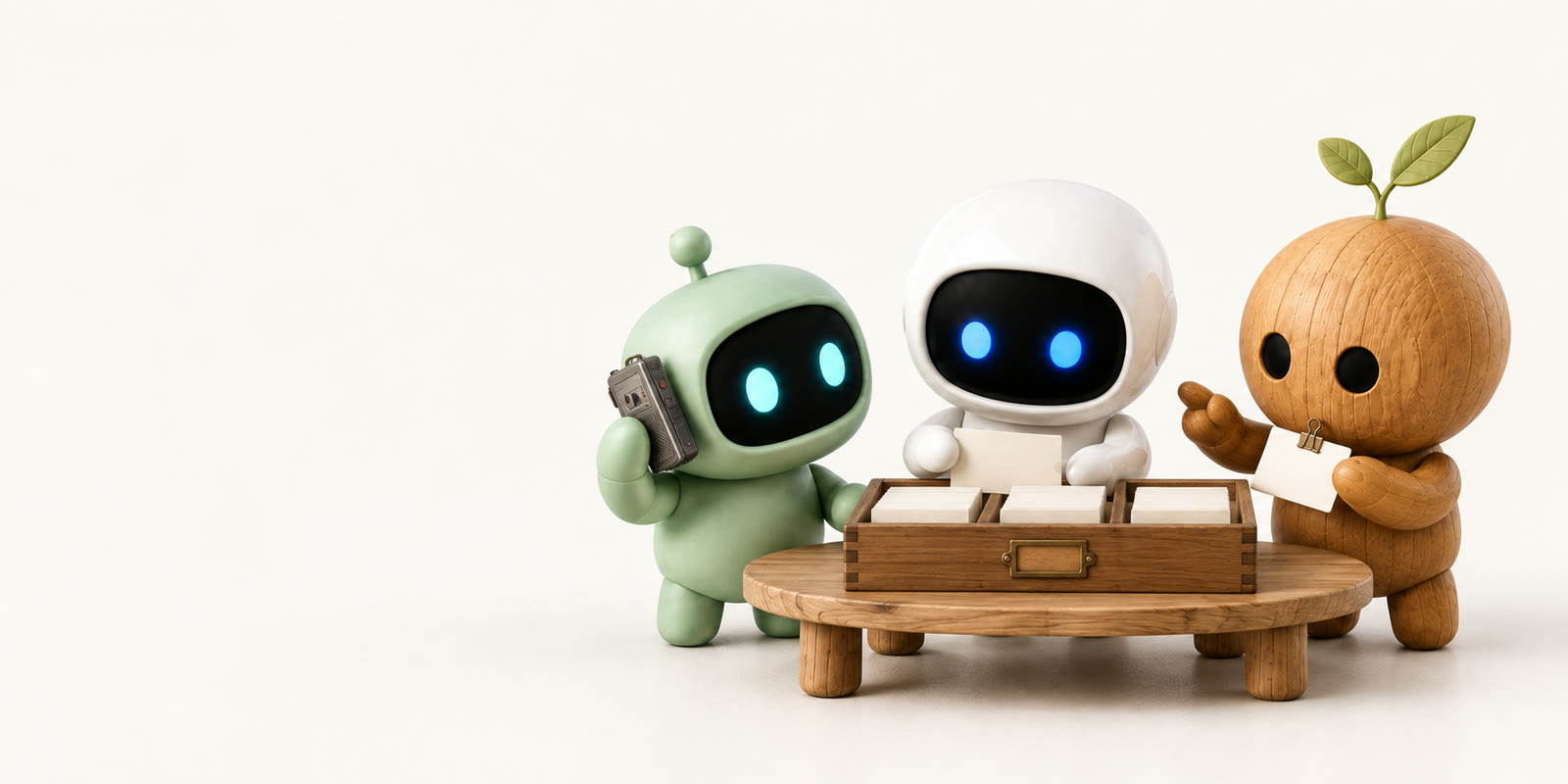 Ein salbeigrüner Antennenroboter hält ein kleines Diktiergerät, ein weißer Keramik-Astronaut sortiert Karteikarten in einen Holzkasten, und eine Holzfigur mit Spross heftet einen Anhänger an eine Karte.